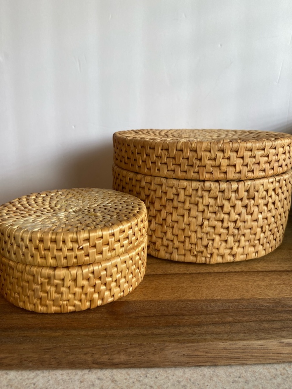 Vintage Wicker Basket Trivet Set Lidded Box Boho Decor - Picture 2 of 15